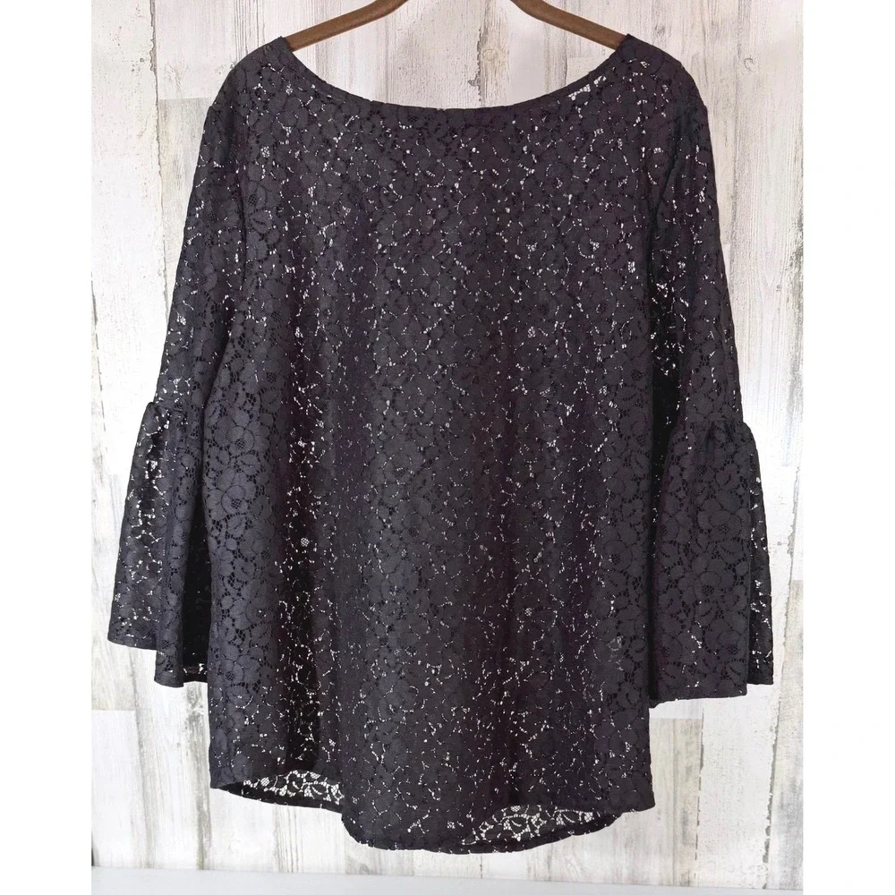Banana Republic‎ Lace Blouse XL Black Bell Sleeve Floral Boho Whimsigoth Goth